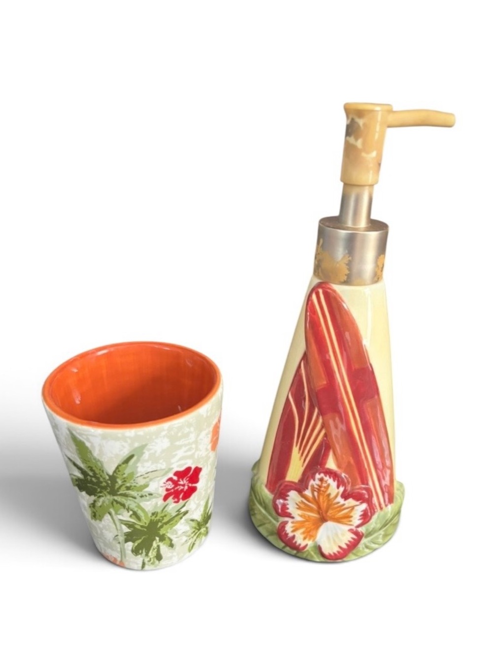 Ceramic Tropical Soap Dispenser and Tumbler Set - Yellow & Orange